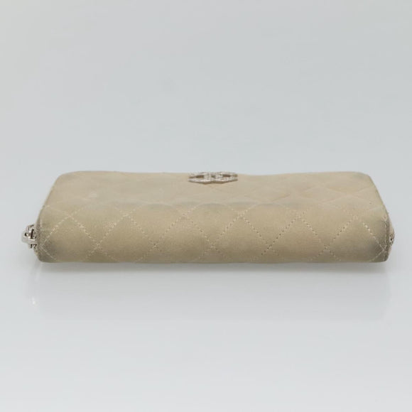 CHANEL Matelasse Long Wallet Suede Beige Silver CC Auth 130516
