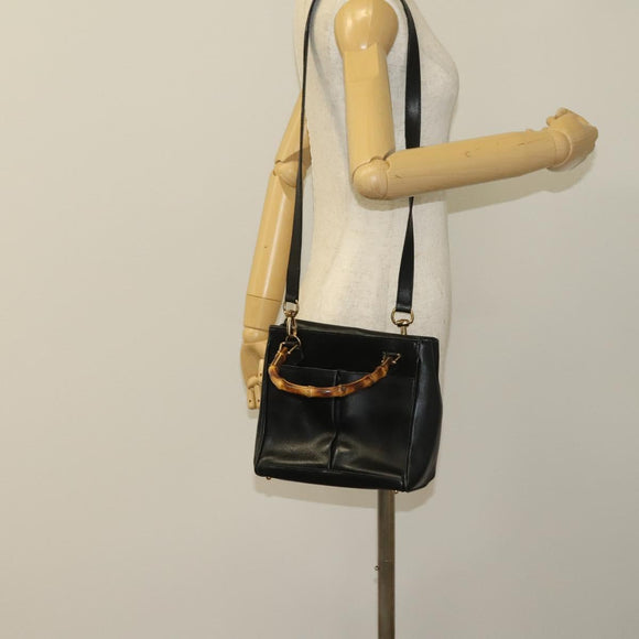 GUCCI Bamboo Hand Bag Leather 2way Black Gold 000 123 0316 Auth 130612