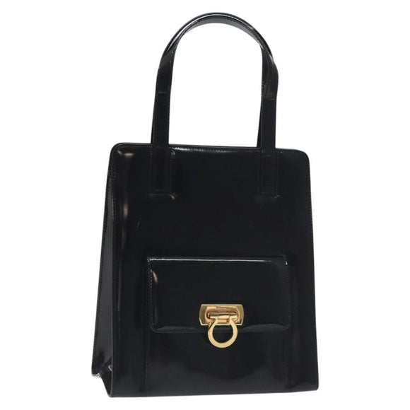 Salvatore Ferragamo Gancini Hand Bag Enamel Black Gold Auth 130619