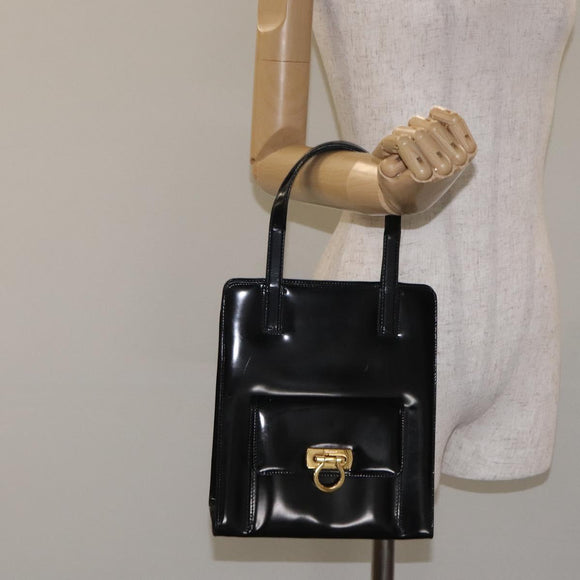 Salvatore Ferragamo Gancini Hand Bag Enamel Black Gold Auth 130619