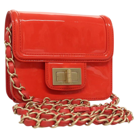 CHANEL Chain Shoulder Wallet Enamel Orange Gold CC Auth 130637