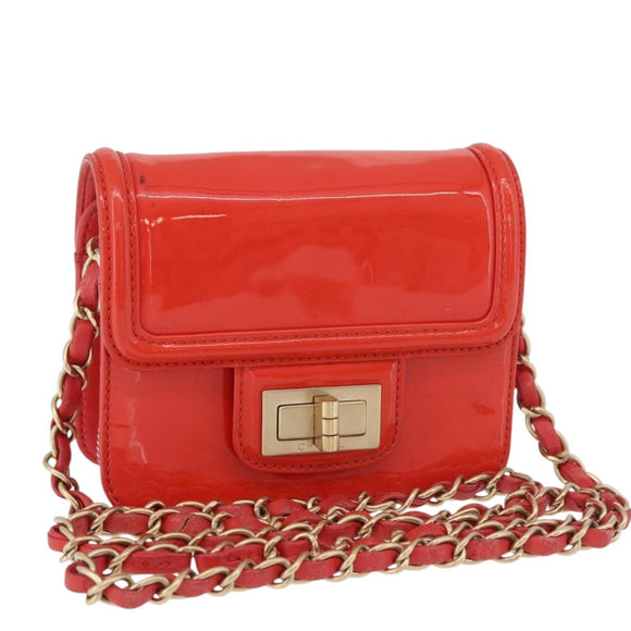 CHANEL Chain Shoulder Wallet Patent leather Orange Gold CC Auth 130637