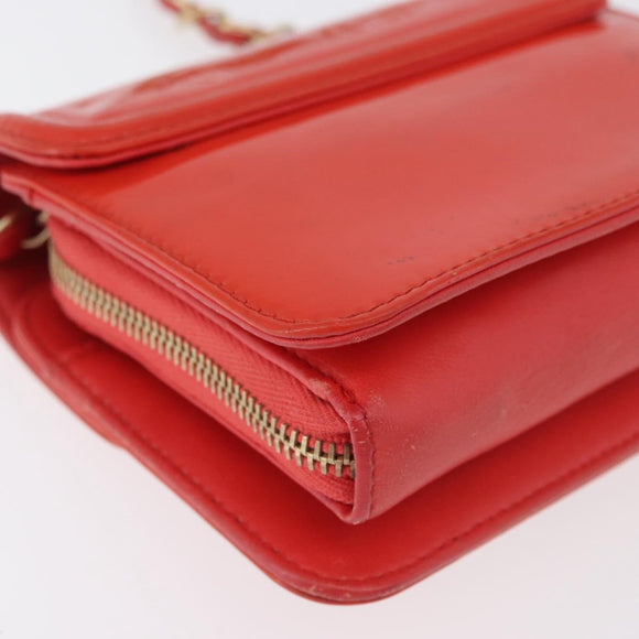 CHANEL Chain Shoulder Wallet Patent leather Orange Gold CC Auth 130637