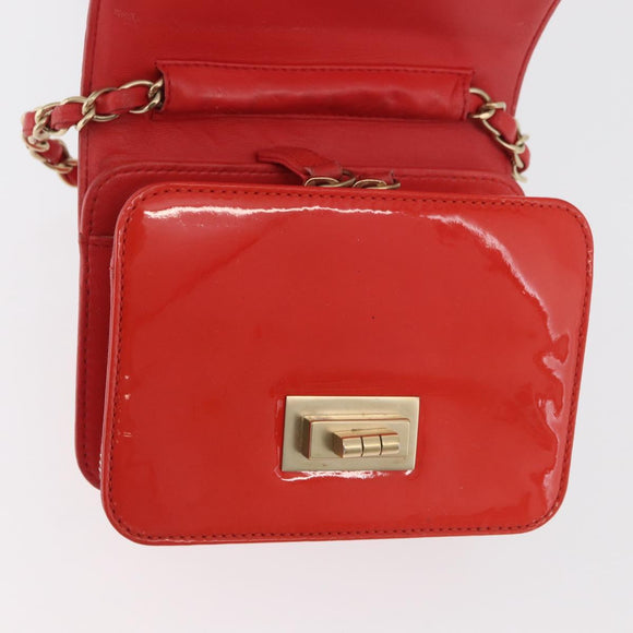 CHANEL Chain Shoulder Wallet Patent leather Orange Gold CC Auth 130637