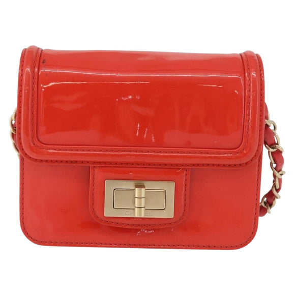 CHANEL Chain Shoulder Wallet Patent leather Orange Gold CC Auth 130637