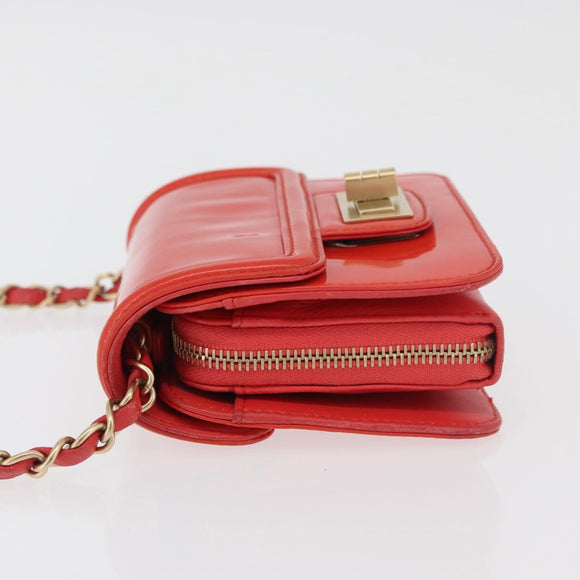 CHANEL Chain Shoulder Wallet Patent leather Orange Gold CC Auth 130637