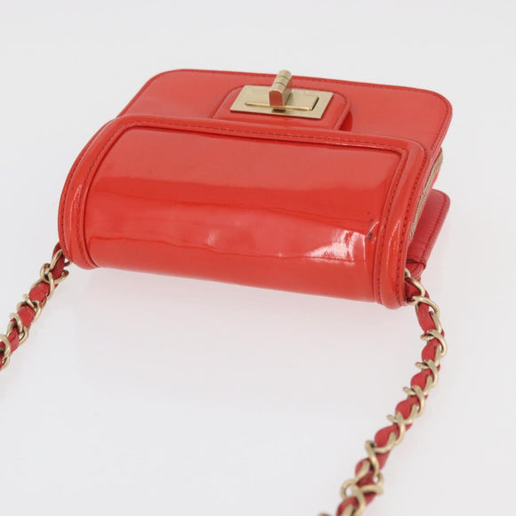 CHANEL Chain Shoulder Wallet Patent leather Orange Gold CC Auth 130637
