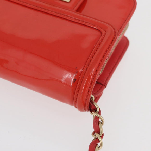 CHANEL Chain Shoulder Wallet Patent leather Orange Gold CC Auth 130637
