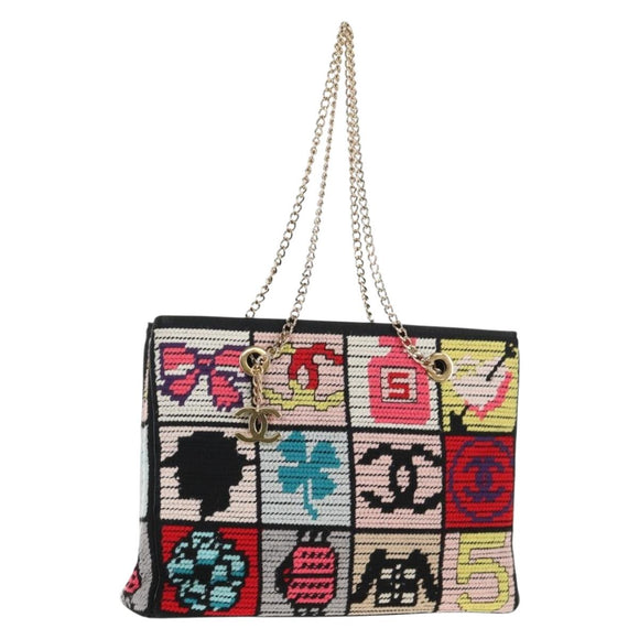 CHANEL Chain Icon Motif Bag Wool Leather Multicolor Gold CC Auth 130674M