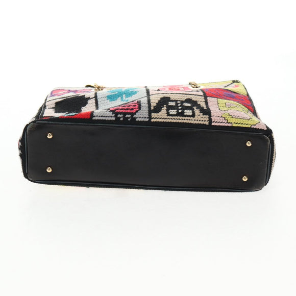 CHANEL Chain Icon Motif Bag Wool Leather Multicolor Gold CC Auth 130674M