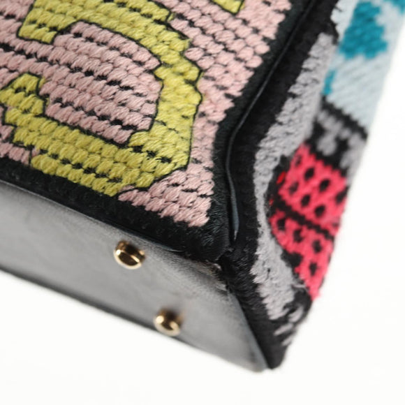 CHANEL Chain Icon Motif Bag Wool Leather Multicolor Gold CC Auth 130674M