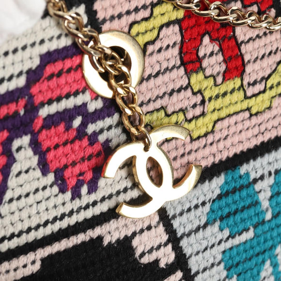 CHANEL Chain Icon Motif Bag Wool Leather Multicolor Gold CC Auth 130674M