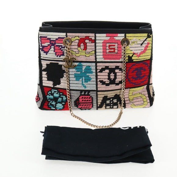 CHANEL Chain Icon Motif Bag Wool Leather Multicolor Gold CC Auth 130674M