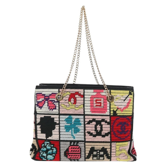 CHANEL Chain Icon Motif Bag Wool Leather Multicolor Gold CC Auth 130674M