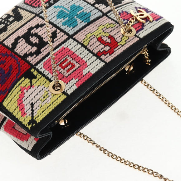 CHANEL Chain Icon Motif Bag Wool Leather Multicolor Gold CC Auth 130674M