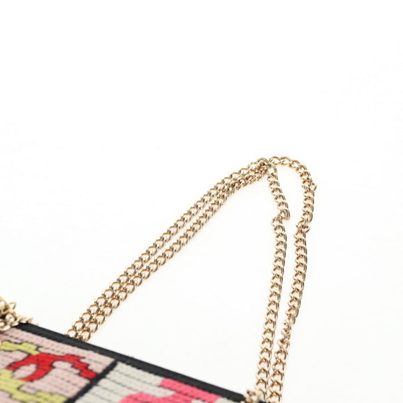 CHANEL Chain Icon Motif Bag Wool Leather Multicolor Gold CC Auth 130674M