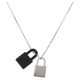 HERMES Orchestral PM Necklace Metal Leather Silver Black Auth 130685M