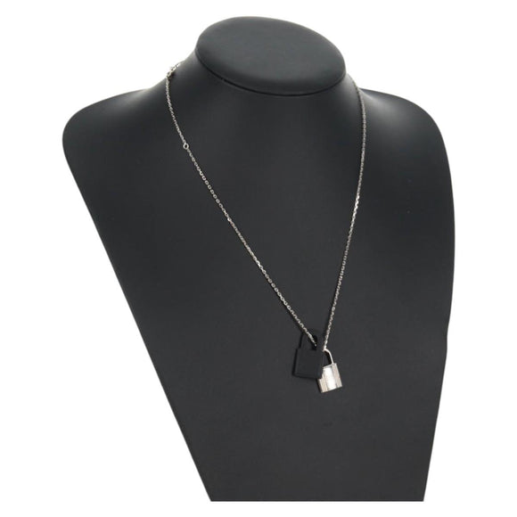 HERMES Orchestral PM Necklace Metal Leather Silver Black Auth 130685M