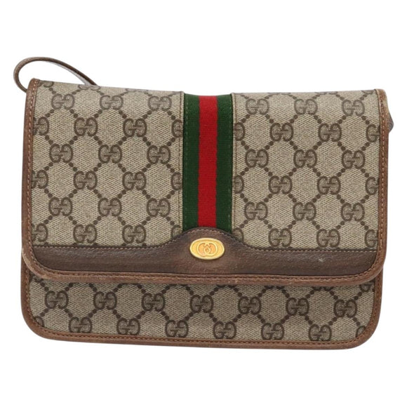 GUCCI GG Supreme Web Sherry Line Shoulder Bag PVC Beige Gold Auth 130754