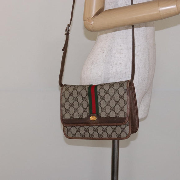 GUCCI GG Supreme Web Sherry Line Shoulder Bag PVC Beige Gold Auth 130754