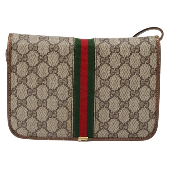 GUCCI GG Supreme Web Sherry Line Shoulder Bag PVC Beige Gold Auth 130754