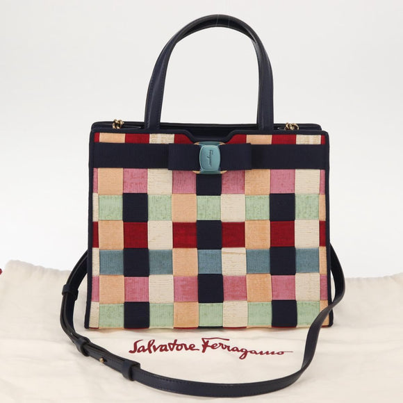 Salvatore Ferragamo Hand Bag Canvas 2way Multicolor Gold Auth 130836V