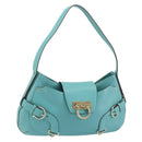 Salvatore Ferragamo Gancini Bag Leather Turquoise Blue Gold Auth 130837V-1