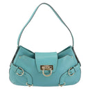 Salvatore Ferragamo Gancini Bag Leather Turquoise Blue Gold Auth 130837V-13