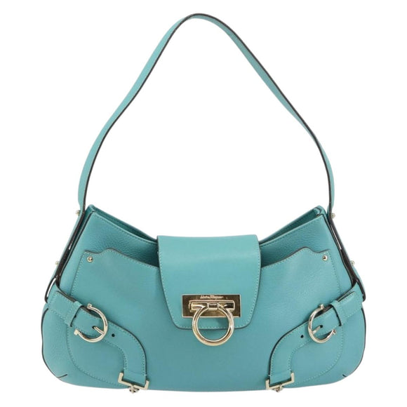 Salvatore Ferragamo Gancini Bag Leather Turquoise Blue Gold Auth 130837V