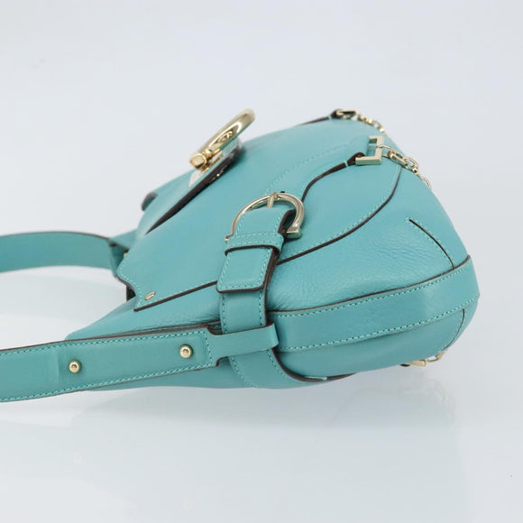 Salvatore Ferragamo Gancini Bag Leather Turquoise Blue Gold Auth 130837V