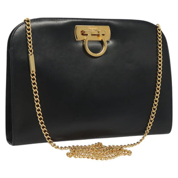 Salvatore Ferragamo Gancini Chain Shoulder Bag Leather Black Gold Auth 130866