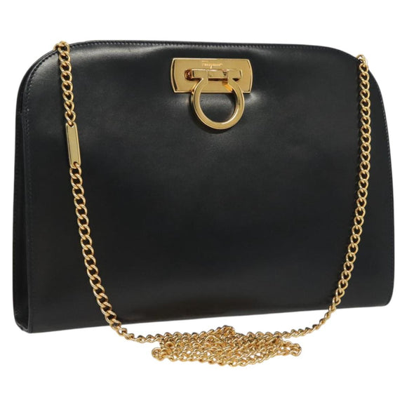 Salvatore Ferragamo Gancini Chain Shoulder Bag Leather Black Gold Auth 130866