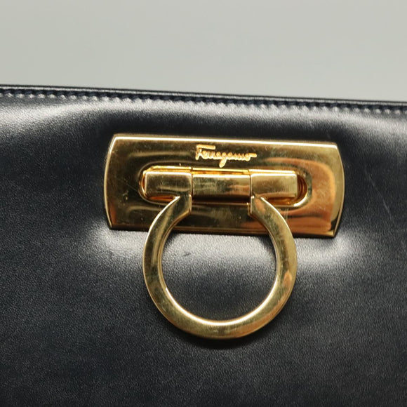 Salvatore Ferragamo Gancini Chain Shoulder Bag Leather Black Gold Auth 130866