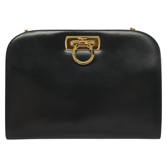 Salvatore Ferragamo Gancini Chain Shoulder Bag Leather Black Gold Auth 130866