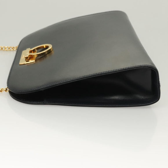 Salvatore Ferragamo Gancini Chain Shoulder Bag Leather Black Gold Auth 130866