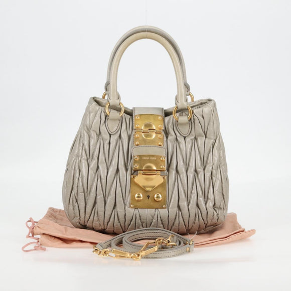 Miu Miu Matelasse Hand Bag Leather 2way Gray Gold Auth 130896V
