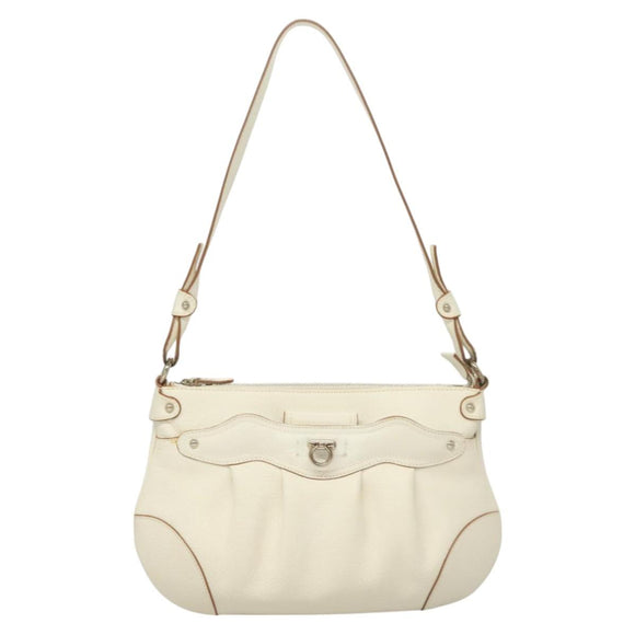 Salvatore Ferragamo Gancini Shoulder Bag Leather White Silver Auth 130905