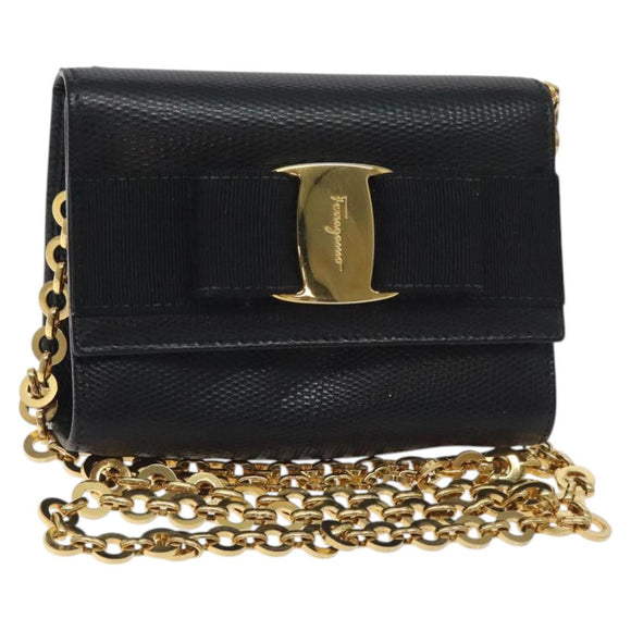 Salvatore Ferragamo Chain Vala Shoulder Bag Leather Black Gold Auth 130906