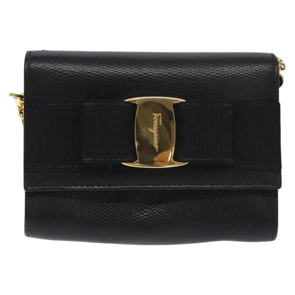 Salvatore Ferragamo Chain Vala Shoulder Bag Leather Black Gold Auth 130906