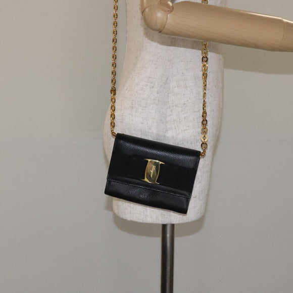 Salvatore Ferragamo Chain Vala Shoulder Bag Leather Black Gold Auth 130906
