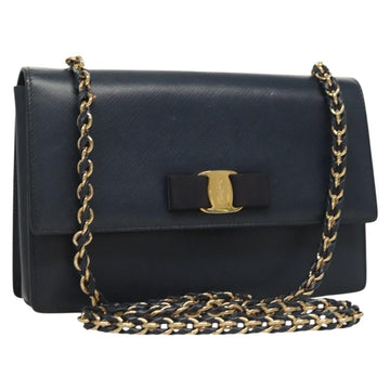 Salvatore Ferragamo Vala Chain Shoulder Bag Leather Navy Gold Auth 130907