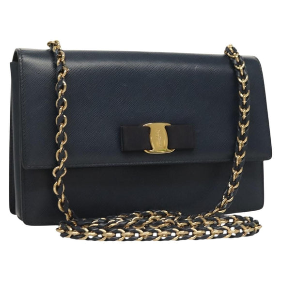 Salvatore Ferragamo Vala Chain Shoulder Bag Leather Navy Gold Auth 130907