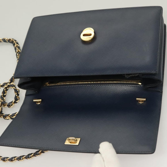 Salvatore Ferragamo Vala Chain Shoulder Bag Leather Navy Gold Auth 130907