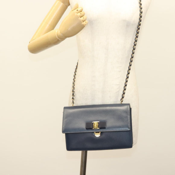Salvatore Ferragamo Vala Chain Shoulder Bag Leather Navy Gold Auth 130907