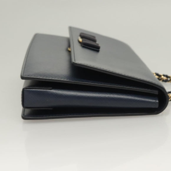 Salvatore Ferragamo Vala Chain Shoulder Bag Leather Navy Gold Auth 130907