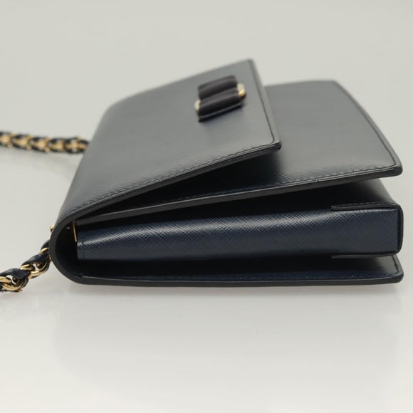 Salvatore Ferragamo Vala Chain Shoulder Bag Leather Navy Gold Auth 130907