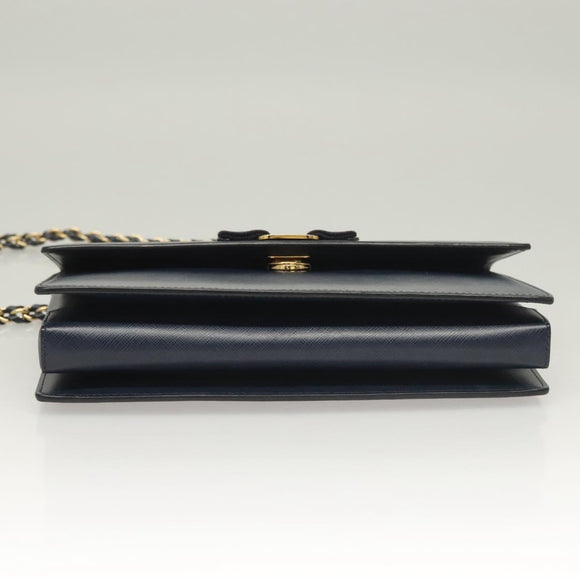 Salvatore Ferragamo Vala Chain Shoulder Bag Leather Navy Gold Auth 130907