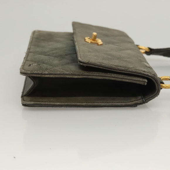 CHANEL Matelasse Shoulder Bag Lamb Skin Gray Gold CC Auth 130947