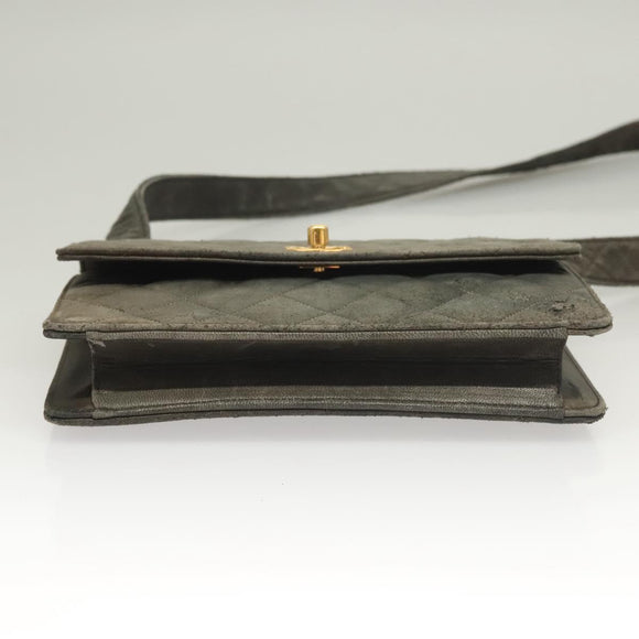 CHANEL Matelasse Shoulder Bag Lamb Skin Gray Gold CC Auth 130947