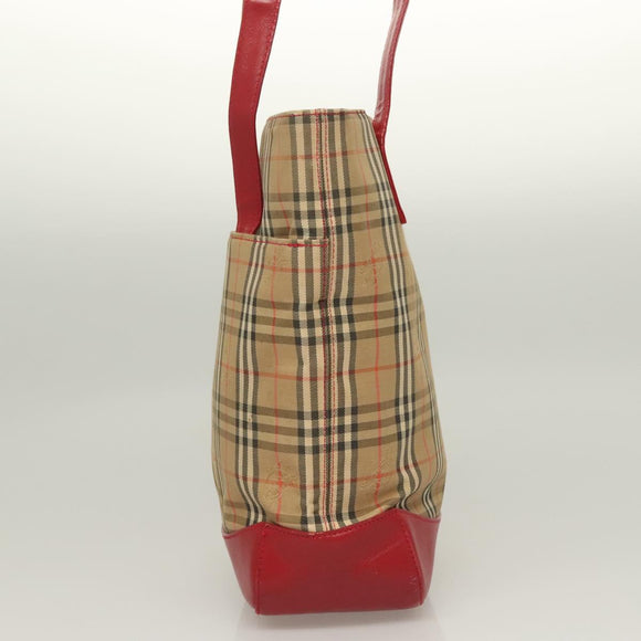 BURBERRY Nova Check Tote Bag Canvas Leather Beige Red gold Auth 130949